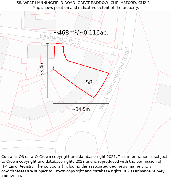 58, WEST HANNINGFIELD ROAD, GREAT BADDOW, CHELMSFORD, CM2 8HL: Plot and title map