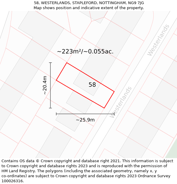 58, WESTERLANDS, STAPLEFORD, NOTTINGHAM, NG9 7JG: Plot and title map