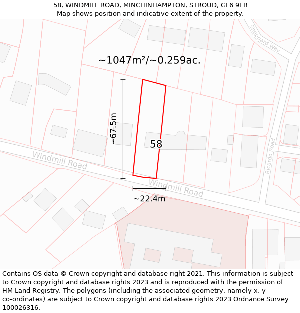 58, WINDMILL ROAD, MINCHINHAMPTON, STROUD, GL6 9EB: Plot and title map