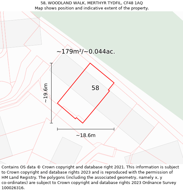 58, WOODLAND WALK, MERTHYR TYDFIL, CF48 1AQ: Plot and title map