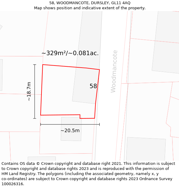 58, WOODMANCOTE, DURSLEY, GL11 4AQ: Plot and title map