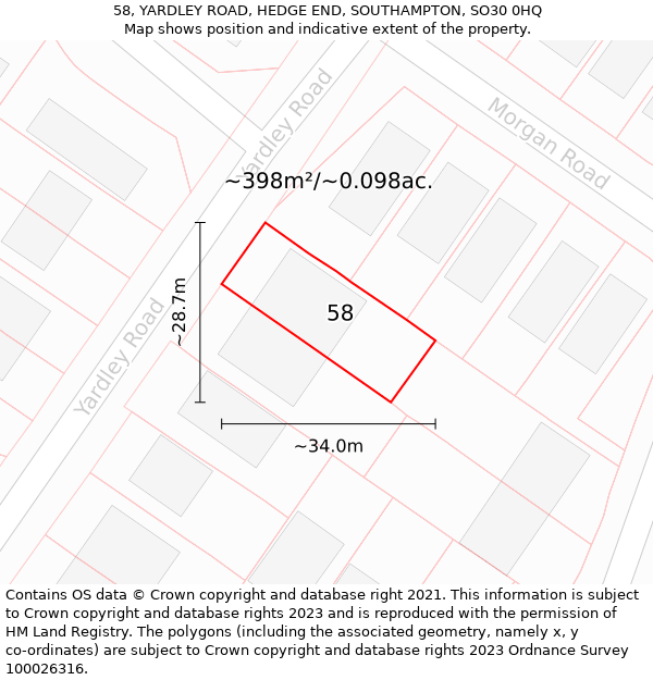 58, YARDLEY ROAD, HEDGE END, SOUTHAMPTON, SO30 0HQ: Plot and title map