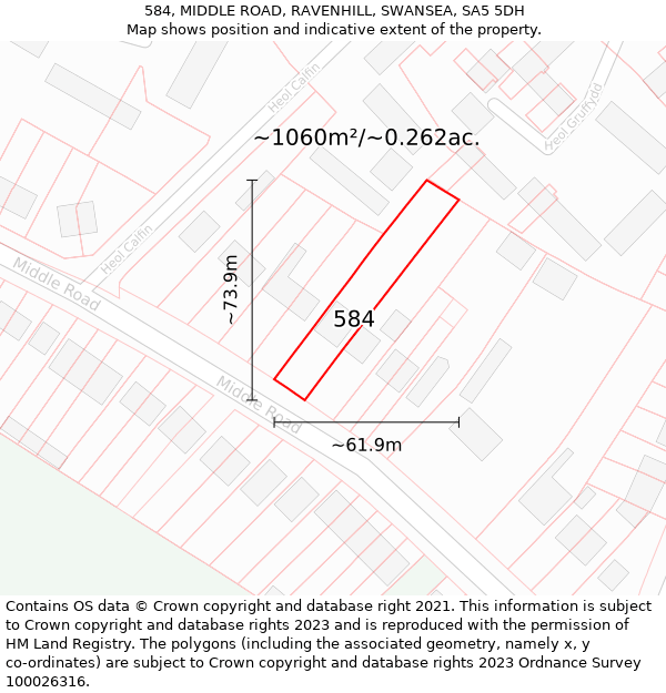 584, MIDDLE ROAD, RAVENHILL, SWANSEA, SA5 5DH: Plot and title map