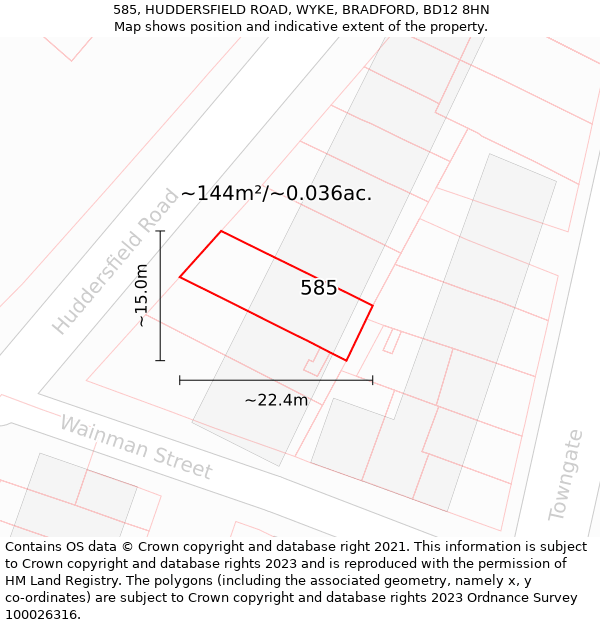 585, HUDDERSFIELD ROAD, WYKE, BRADFORD, BD12 8HN: Plot and title map