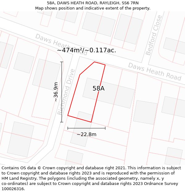 58A, DAWS HEATH ROAD, RAYLEIGH, SS6 7RN: Plot and title map