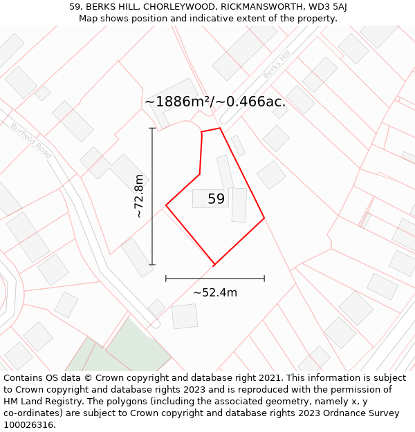 59, BERKS HILL, CHORLEYWOOD, RICKMANSWORTH, WD3 5AJ: Plot and title map