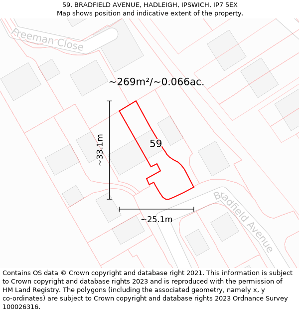 59, BRADFIELD AVENUE, HADLEIGH, IPSWICH, IP7 5EX: Plot and title map