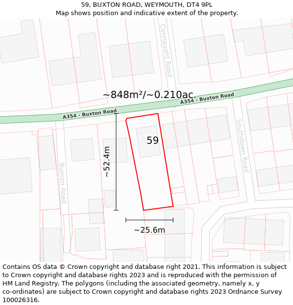 59, BUXTON ROAD, WEYMOUTH, DT4 9PL: Plot and title map