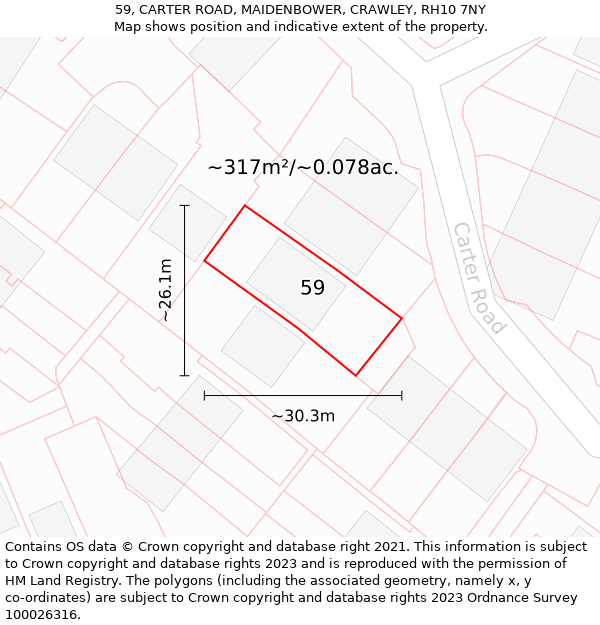 59, CARTER ROAD, MAIDENBOWER, CRAWLEY, RH10 7NY: Plot and title map