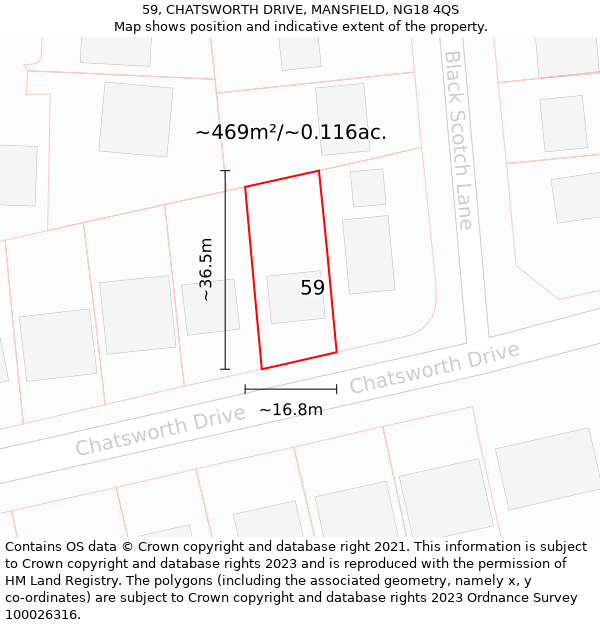 59, CHATSWORTH DRIVE, MANSFIELD, NG18 4QS: Plot and title map