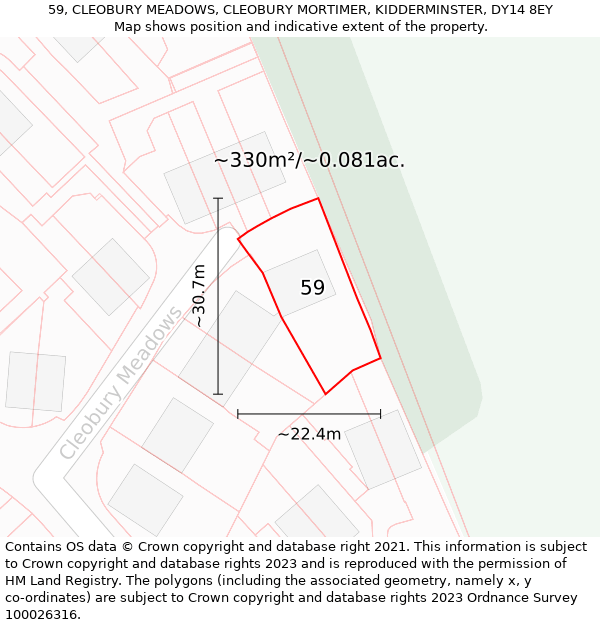 59, CLEOBURY MEADOWS, CLEOBURY MORTIMER, KIDDERMINSTER, DY14 8EY: Plot and title map