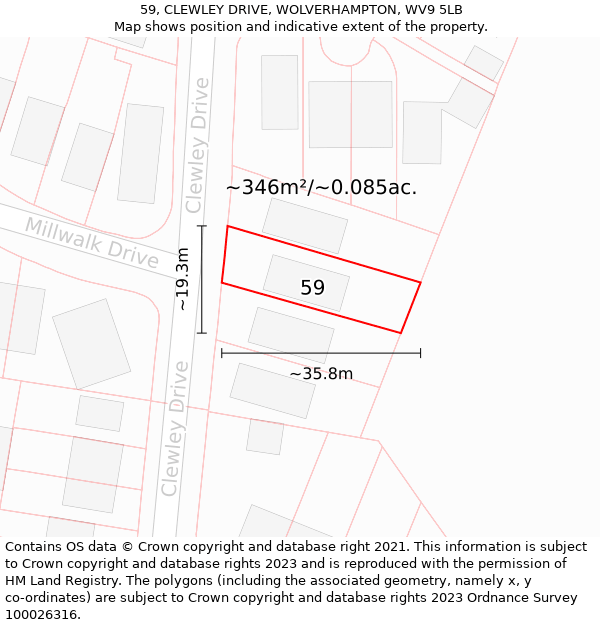 59, CLEWLEY DRIVE, WOLVERHAMPTON, WV9 5LB: Plot and title map