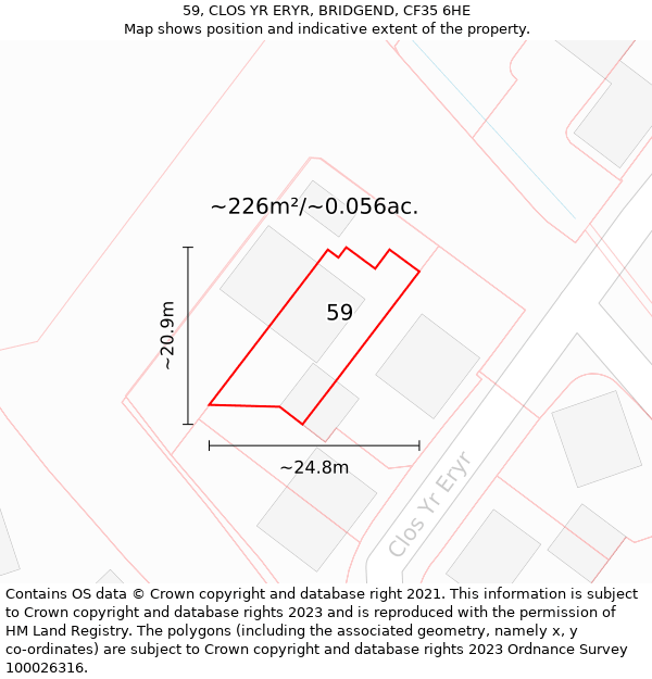 59, CLOS YR ERYR, BRIDGEND, CF35 6HE: Plot and title map