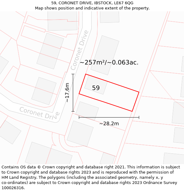 59, CORONET DRIVE, IBSTOCK, LE67 6QG: Plot and title map