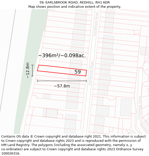 59, EARLSBROOK ROAD, REDHILL, RH1 6DR: Plot and title map