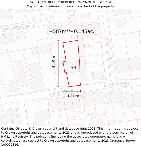 59, EAST STREET, CHICKERELL, WEYMOUTH, DT3 4DT: Plot and title map