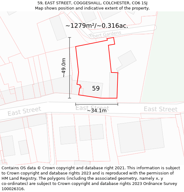 59, EAST STREET, COGGESHALL, COLCHESTER, CO6 1SJ: Plot and title map