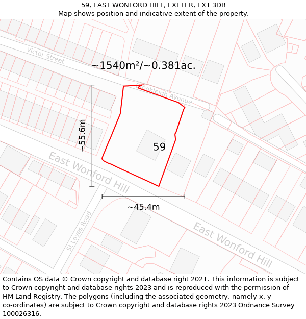 59, EAST WONFORD HILL, EXETER, EX1 3DB: Plot and title map