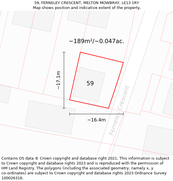 59, FERNELEY CRESCENT, MELTON MOWBRAY, LE13 1RY: Plot and title map