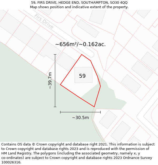 59, FIRS DRIVE, HEDGE END, SOUTHAMPTON, SO30 4QQ: Plot and title map