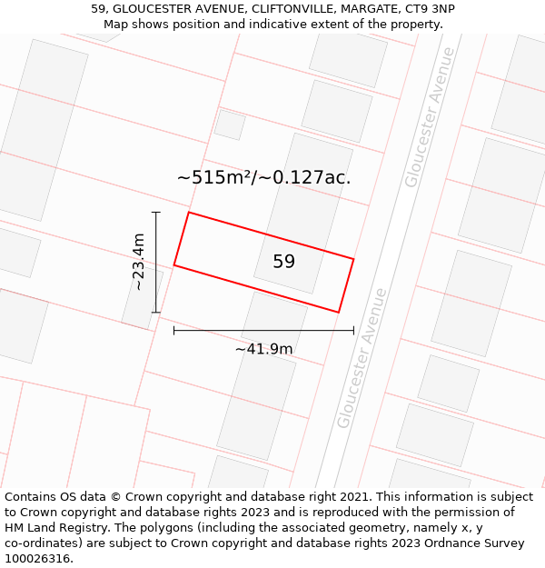 59, GLOUCESTER AVENUE, CLIFTONVILLE, MARGATE, CT9 3NP: Plot and title map