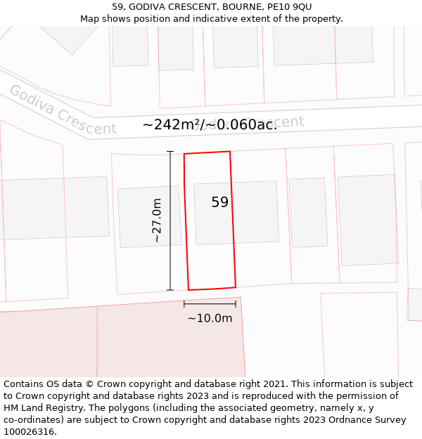 59, GODIVA CRESCENT, BOURNE, PE10 9QU: Plot and title map