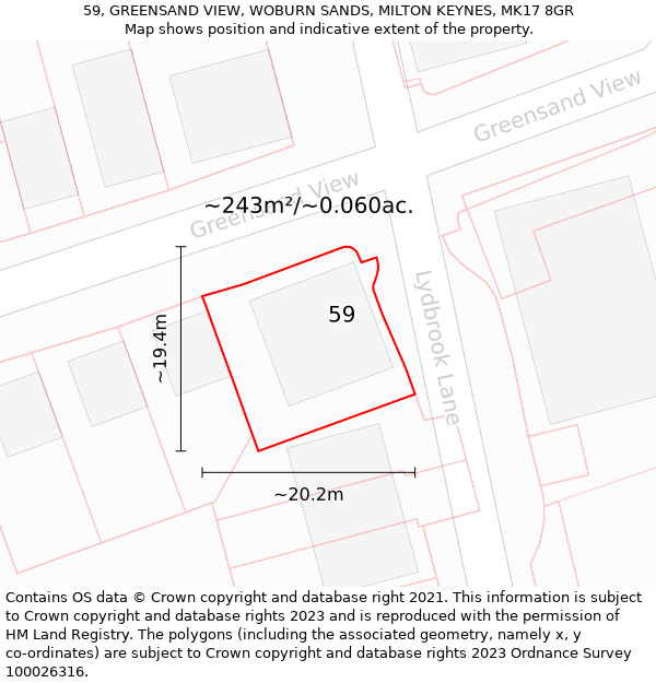 59, GREENSAND VIEW, WOBURN SANDS, MILTON KEYNES, MK17 8GR: Plot and title map