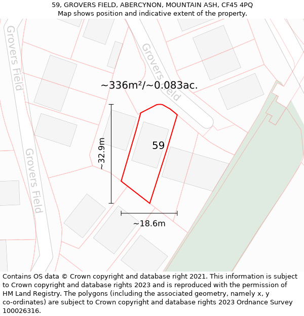 59, GROVERS FIELD, ABERCYNON, MOUNTAIN ASH, CF45 4PQ: Plot and title map