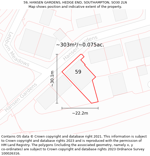 59, HANSEN GARDENS, HEDGE END, SOUTHAMPTON, SO30 2LN: Plot and title map