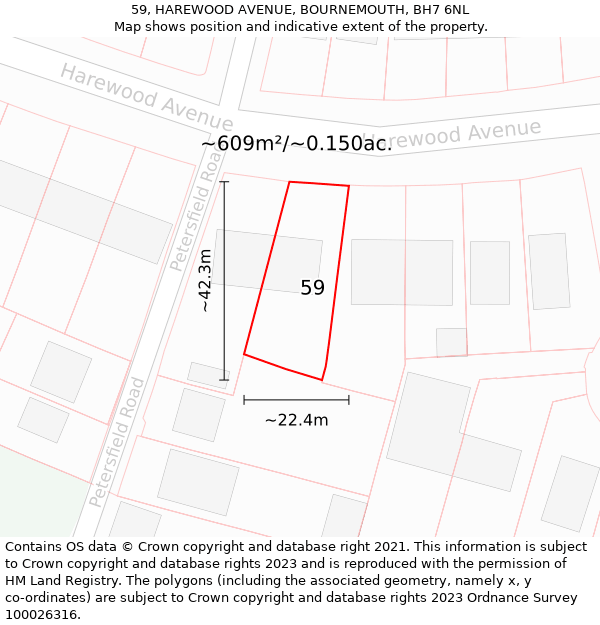 59, HAREWOOD AVENUE, BOURNEMOUTH, BH7 6NL: Plot and title map