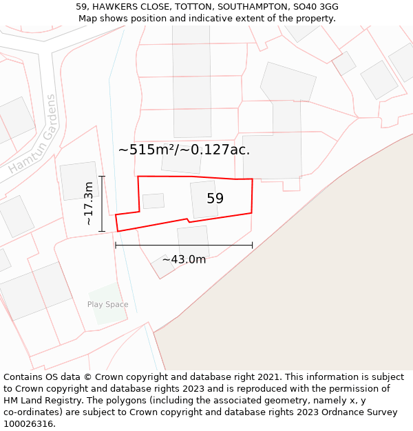 59, HAWKERS CLOSE, TOTTON, SOUTHAMPTON, SO40 3GG: Plot and title map