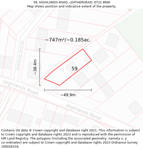 59, HIGHLANDS ROAD, LEATHERHEAD, KT22 8NW: Plot and title map