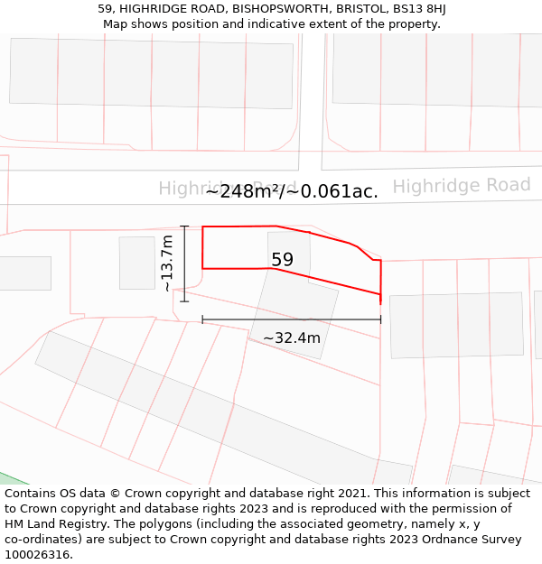 59, HIGHRIDGE ROAD, BISHOPSWORTH, BRISTOL, BS13 8HJ: Plot and title map