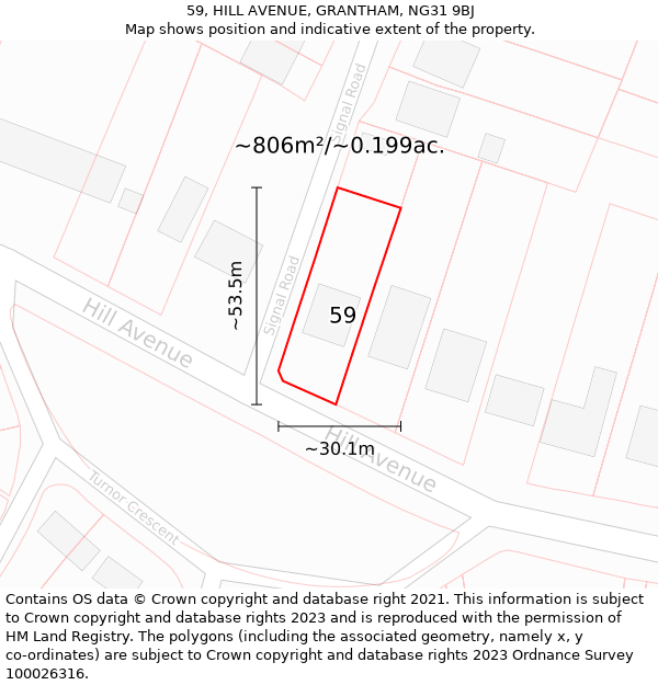 59, HILL AVENUE, GRANTHAM, NG31 9BJ: Plot and title map