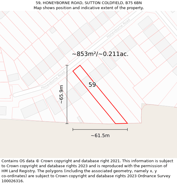 59, HONEYBORNE ROAD, SUTTON COLDFIELD, B75 6BN: Plot and title map