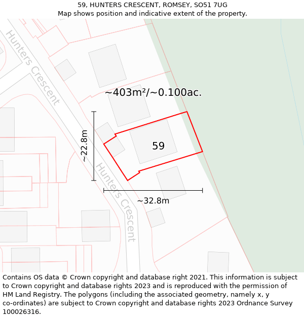 59, HUNTERS CRESCENT, ROMSEY, SO51 7UG: Plot and title map