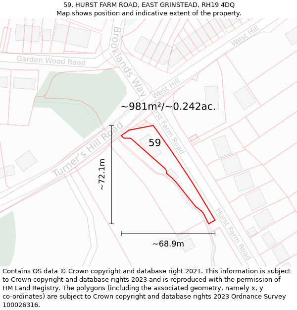 59, HURST FARM ROAD, EAST GRINSTEAD, RH19 4DQ: Plot and title map