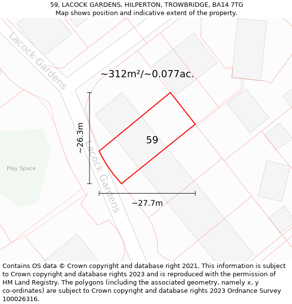 59, LACOCK GARDENS, HILPERTON, TROWBRIDGE, BA14 7TG: Plot and title map