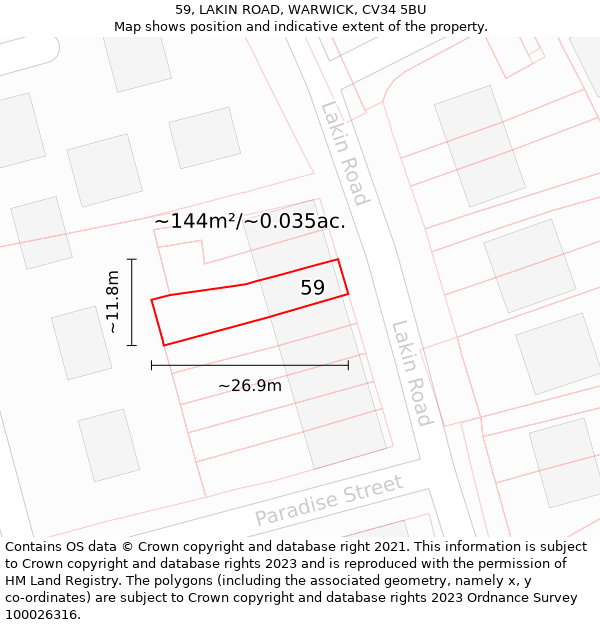 59, LAKIN ROAD, WARWICK, CV34 5BU: Plot and title map