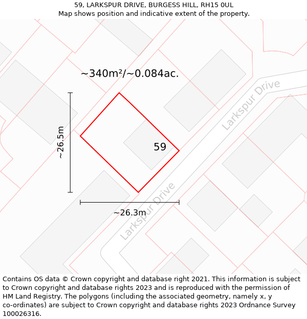 59, LARKSPUR DRIVE, BURGESS HILL, RH15 0UL: Plot and title map