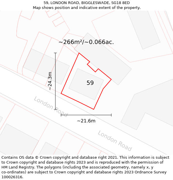 59, LONDON ROAD, BIGGLESWADE, SG18 8ED: Plot and title map