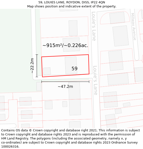 59, LOUIES LANE, ROYDON, DISS, IP22 4QN: Plot and title map