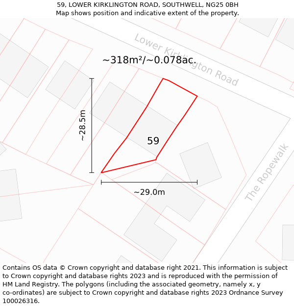 59, LOWER KIRKLINGTON ROAD, SOUTHWELL, NG25 0BH: Plot and title map