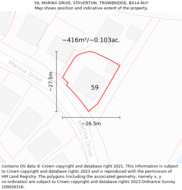 59, MARINA DRIVE, STAVERTON, TROWBRIDGE, BA14 8UY: Plot and title map