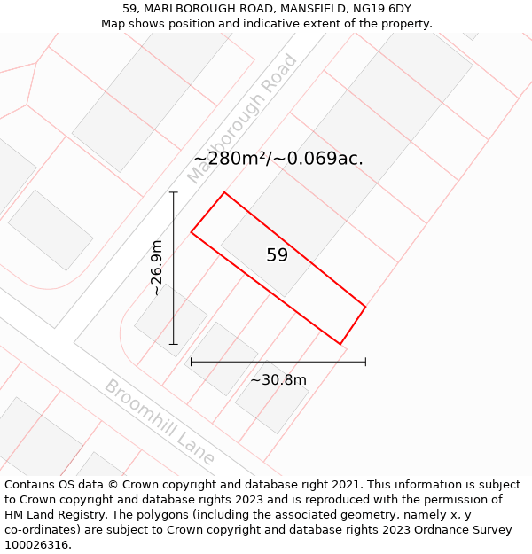 59, MARLBOROUGH ROAD, MANSFIELD, NG19 6DY: Plot and title map