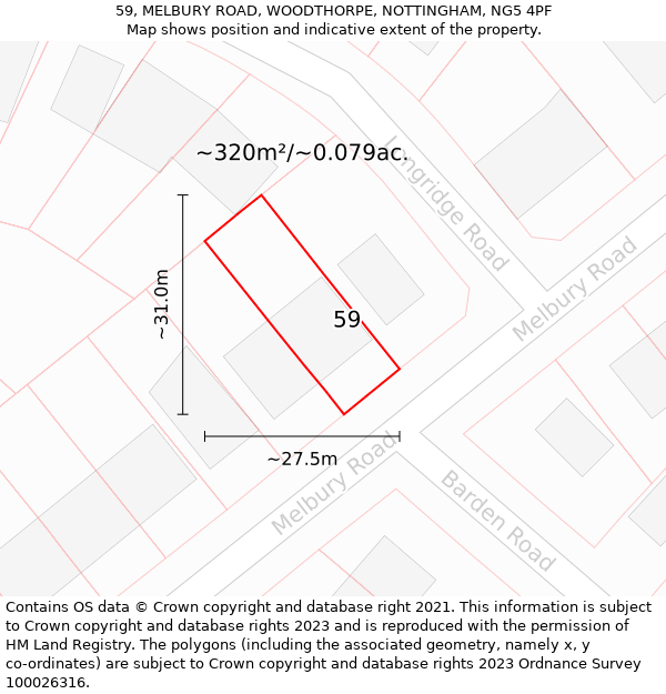 59, MELBURY ROAD, WOODTHORPE, NOTTINGHAM, NG5 4PF: Plot and title map