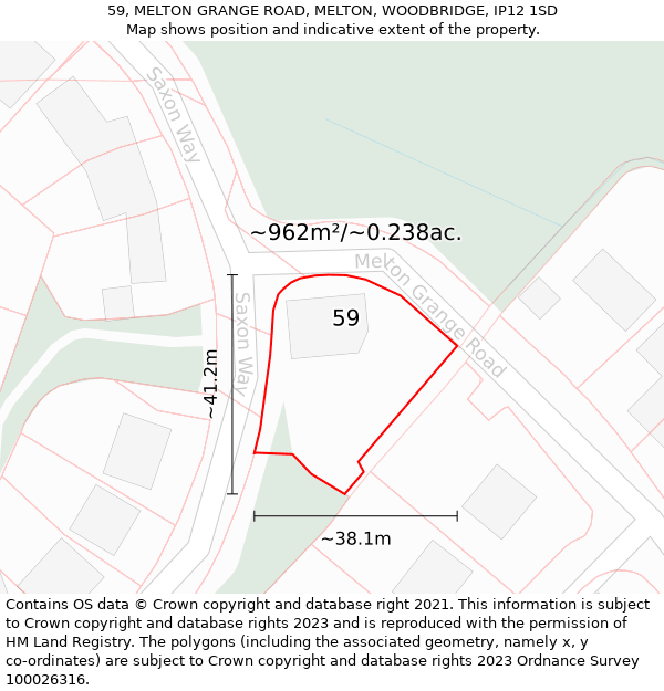 59, MELTON GRANGE ROAD, MELTON, WOODBRIDGE, IP12 1SD: Plot and title map
