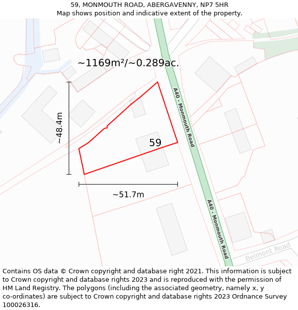 59, MONMOUTH ROAD, ABERGAVENNY, NP7 5HR: Plot and title map