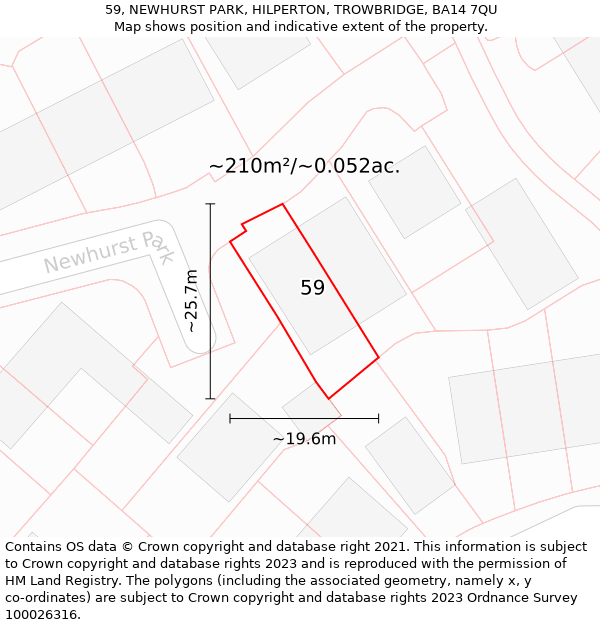 59, NEWHURST PARK, HILPERTON, TROWBRIDGE, BA14 7QU: Plot and title map