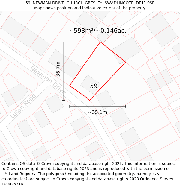 59, NEWMAN DRIVE, CHURCH GRESLEY, SWADLINCOTE, DE11 9SR: Plot and title map